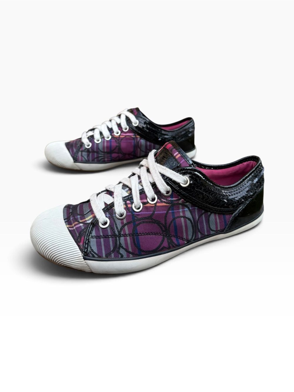 Coach Zorra Multi Plaid Signature C Low Top Sneakers Purple Sequin Trim Size 8.5 - Picture 2 of 7